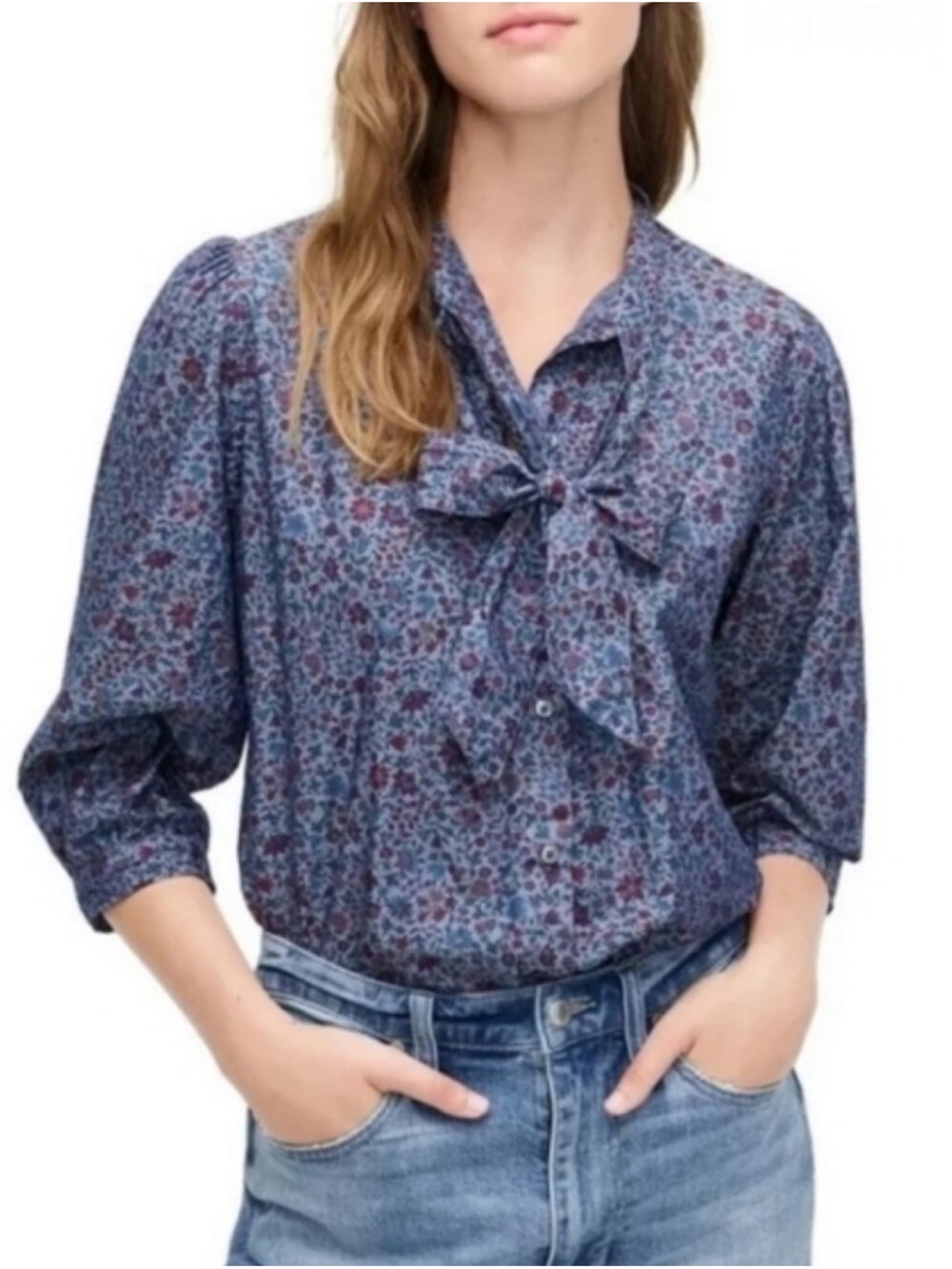 J. Crew x Liberty of London floral print blouse w/ tie-neck in “Columbo,” size X